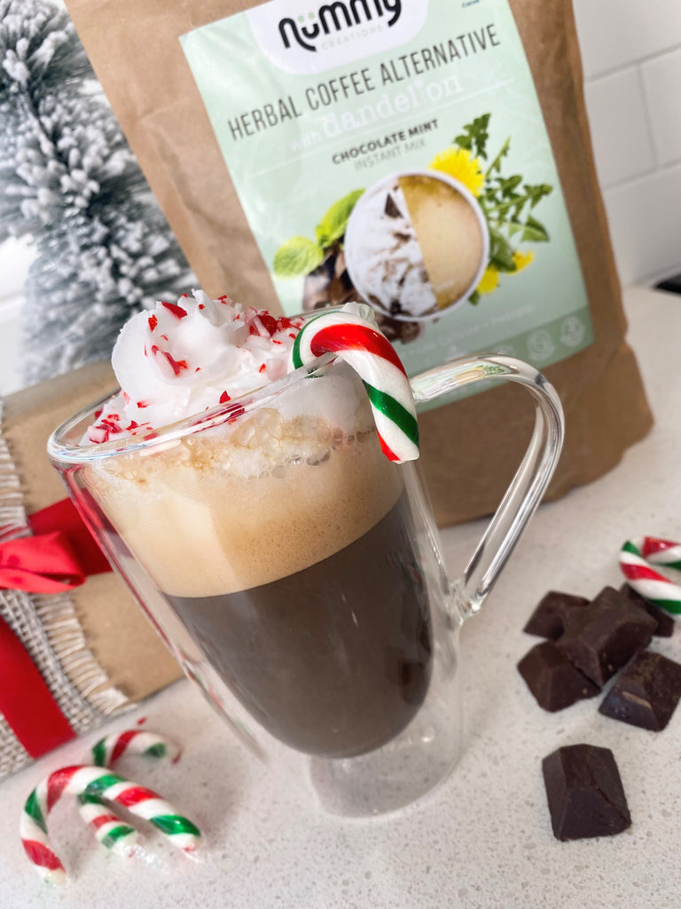 Chocolate Mint Latte using Nummy Creations Coffee alternative in chocolate mint flavour. Topped with dairy free frothed milk, whipped cream, and crushed candy canes