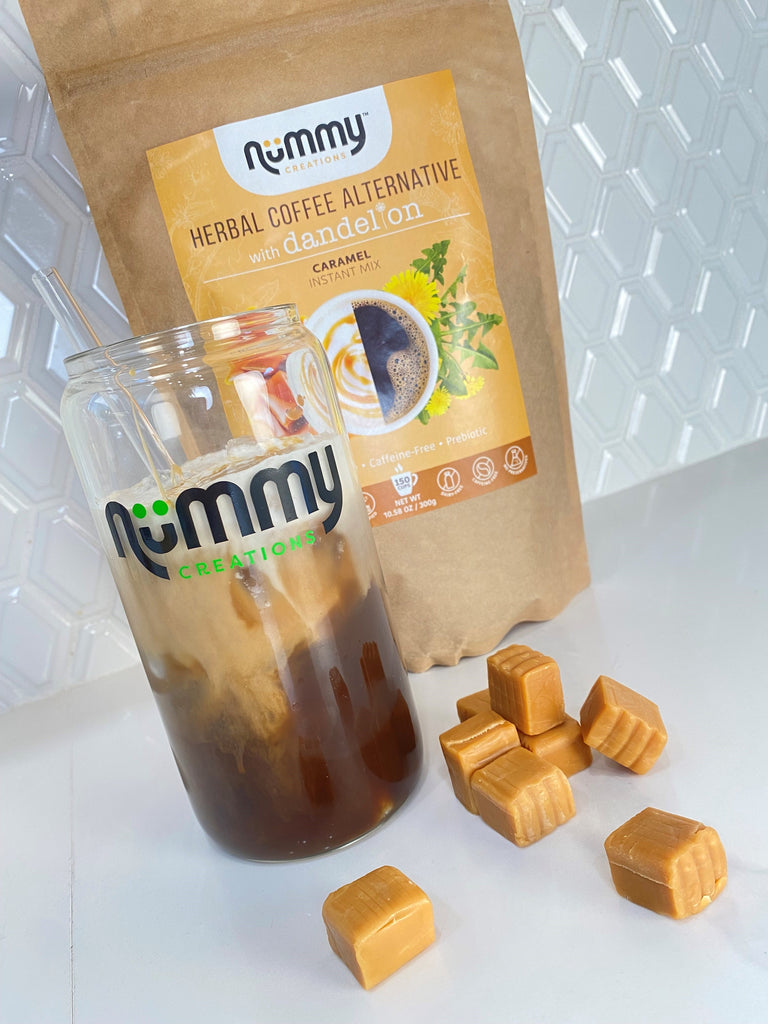 Salted Caramel Cream Cold Brew in Glass, Bag of Nummy Creations Caramel flavor, Caramel Cubes