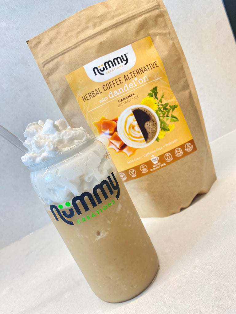 Creamy Blended Caramel Frappuccino topped with whipped cream. Made caffeine free with Nummy Creations Caramel Flavor Herbal coffee alternative