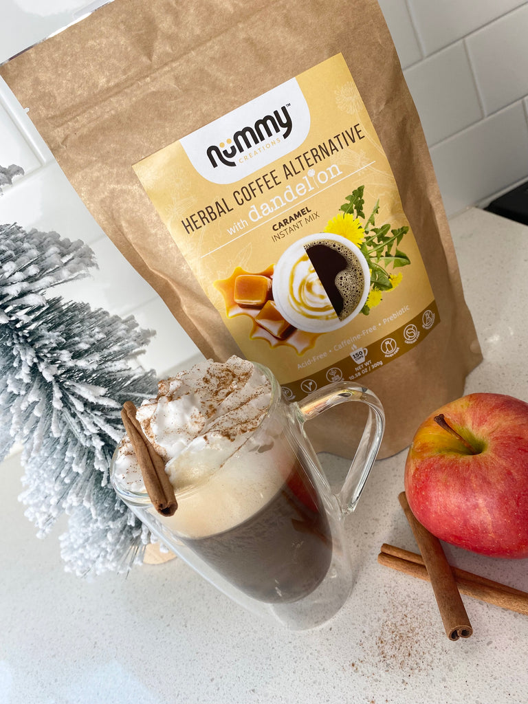Caramel Apple Latte using Nummy Creations Caramel Herbal Coffee Alternative - Caffeine-Free, Dairy-Free