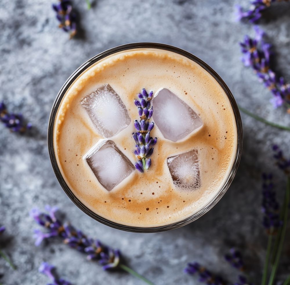 Iced Latte made with caffeine free vanilla nummy creations herbal coffee alternative and lavender simple syrup